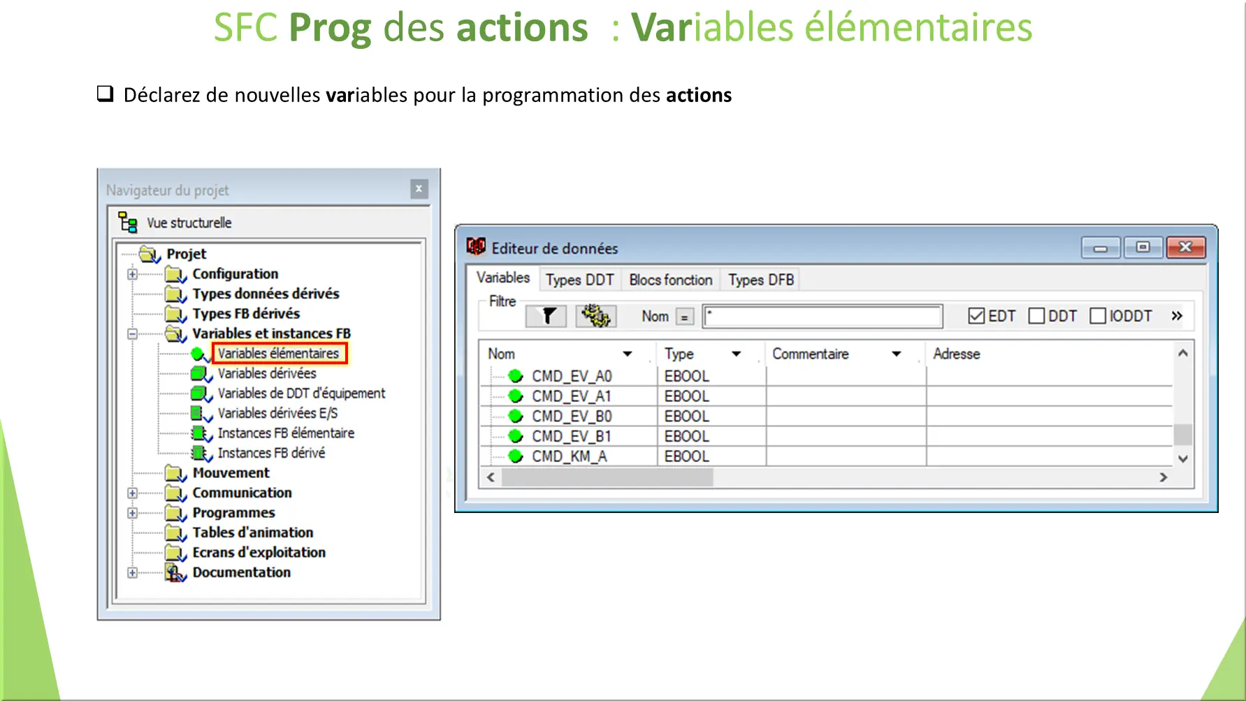 SFC Prog des actions : Variables élémentaires